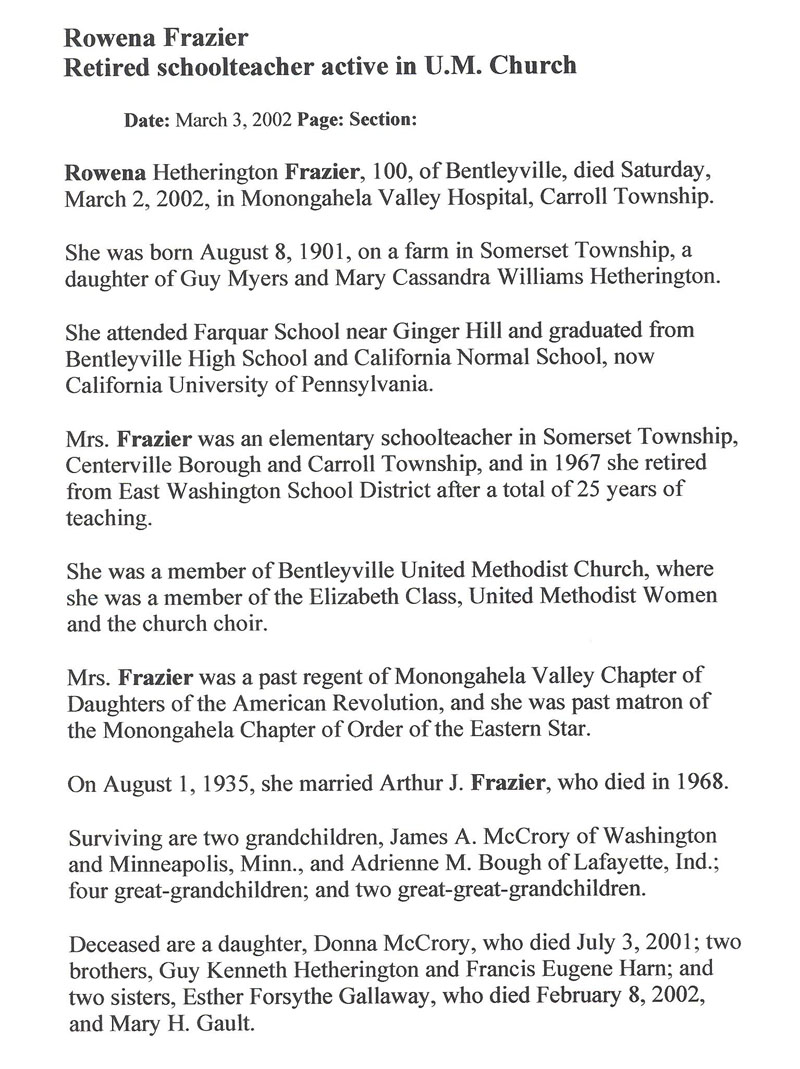 Rowena Frazier obit